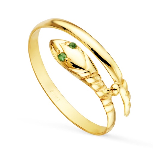 [P9998-ES] 18K SORTIJA ORO AMARILLO SERPIENTE 1 VUELTA CON OJOS CIRCONITAS VERDES.
