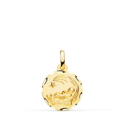 [P9K070697] 9K MEDALLA ORO AMARILLO NIÑO DEL PESEBRE TALLADA 14 MM