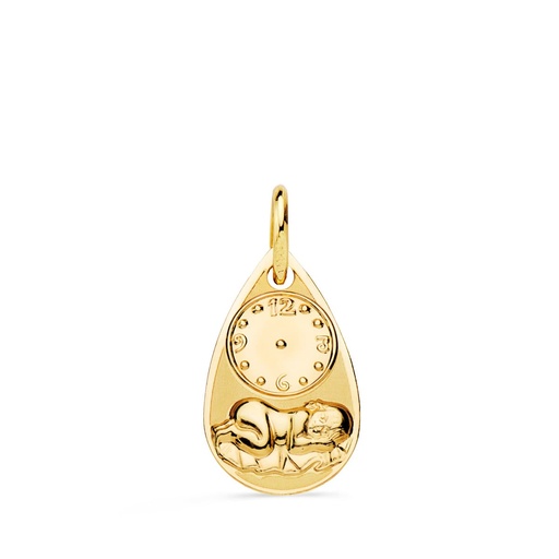 [P9K080080] 9K MEDALLA GOTA NIÑO DE LA HORA CON RELOJ BRILLO Y MATE 19X11 MM