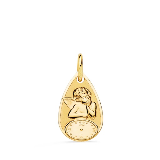 [P9K080096] 9K MEDALLA ORO AMARILLO ANGELITO BURLOS CON RELOJ BRILLO Y MATE 19X11 MM