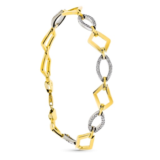 [P9K120593] 9K PULSERA ORO BICOLOR ROMBOS CON CIRCONITAS 19 CM