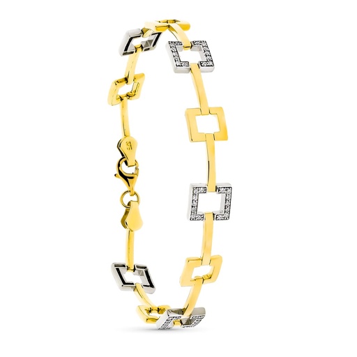 [P9K120594] 9K PULSERA ORO BICOLOR CUADRADOS CON CIRCONITAS 19 CM