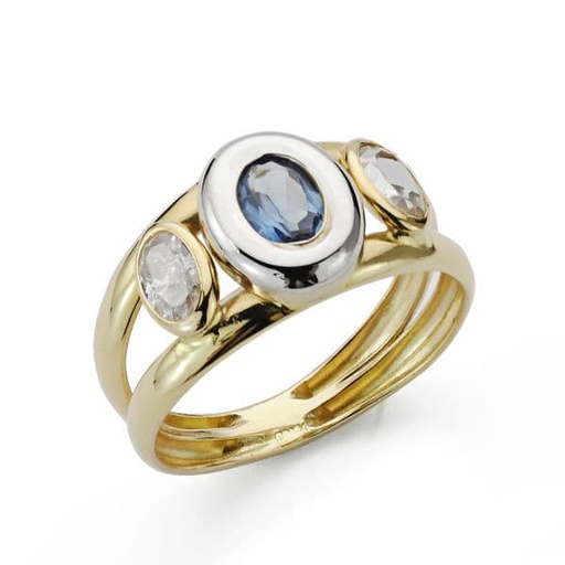 [P9K12343-AM] 9K SORTIJA ORO BICOLOR CON PIEDRA AGUAMARINA Y CIRCONITAS