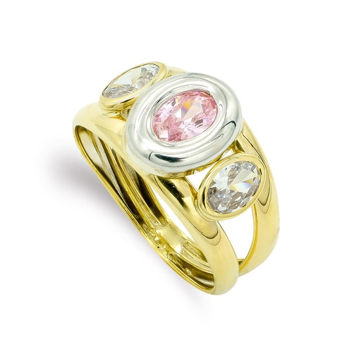 [P9K12343-RS] 9K SORTIJA BICOLOR PIEDRA ROSA Y BLANCAS