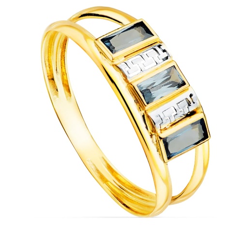 [P9K14984-AM] 9K SORTIJA ORO BICOLOR TRES CIRCONITAS AGUAMARINA BAGUETTE. GRECAS ORO BLANCO