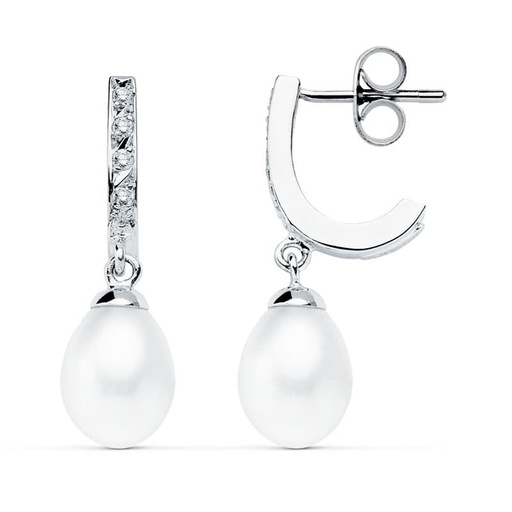 [P9K15432] 9K PENDIENTES ORO BLANCO PERLA 25X7 MM