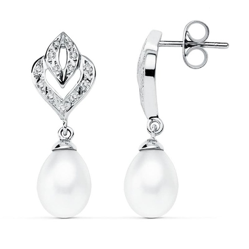 [P9K15451] 9K PENDIENTES ORO BLANCO PERLA 28X10 MM