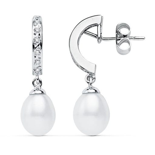 [P9K15454] 9K PENDIENTES ORO BLANCO PERLA 28X8 MM