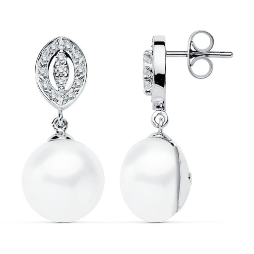 [P9K15455] 9K PENDIENTES ORO BLANCO PERLA 27X11 MM