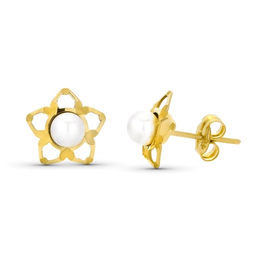 [P9K15531] 9K PENDIENTES ORO AMARILLO ESTRELLA PERLA 4MM TOTAL 9MM PRESION