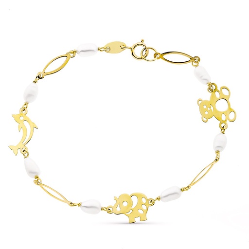 [P9K160288] 9K PULSERA ORO AMARILLO Y PERLA CON MOTIVOS ANIMALES 4.5 MM LARGO 16CM