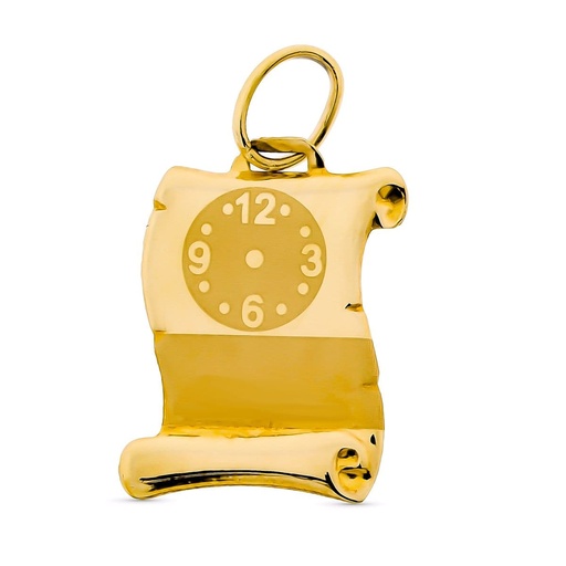 [P9K16128] 9K COLGANTE PERGAMINO ORO AMARILLO RELOJ GRABADO. 15X11 MM
