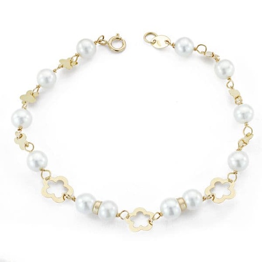 [P9K16333] 9K PULSERA ORO AMARILLO PERLA Y MOTIVOS. 17.5 CM