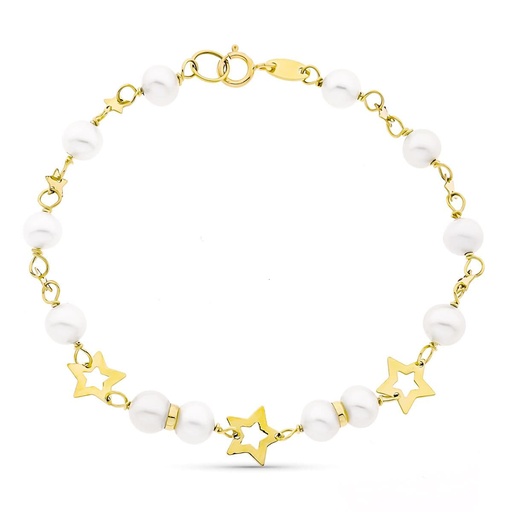 [P9K16562] 9K PULSERA ORO AMARILLO CON PERLA DE 5 MM Y ESTRELLAS CALADAS. 17 CM