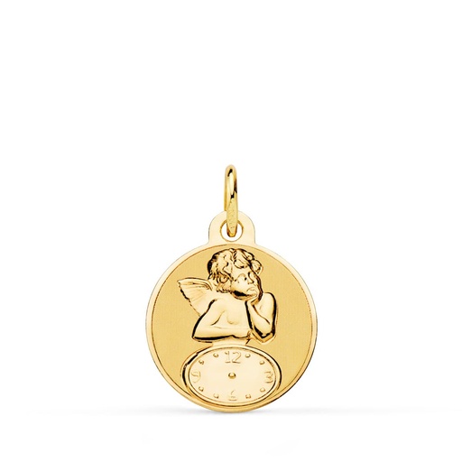 [P9K16669] 9K MEDALLA REDONDA ANGELITO BURLON CON RELOJ BRILLO Y MATE 15 MM