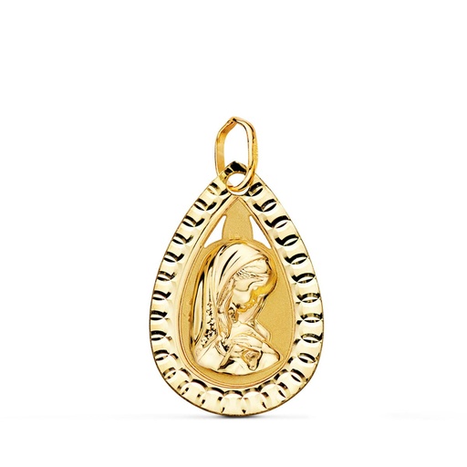 [P9K16701] 9K MEDALLA ORO AMARILLO GOTA CON VIRGEN NIÑA Y BORDE TALLADO 20X13 MM