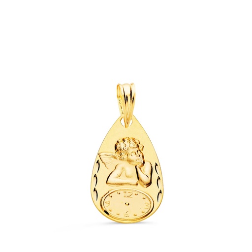 [P9K16705] 9K MEDALLA GOTA ANGELITO BURLON CON RELOJ TALLADA 19X11 MM