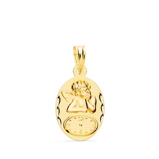 [P9K16706] 9K MEDALLA OVAL ANGELITO BURLON CON RELOJ TALLADA 19X12 MM