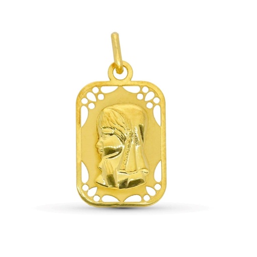 [P9K16722] 9K MEDALLA ORO AMARILLO VIRGEN NIÑA CALADA MATE Y BRILLO 19X11 MM