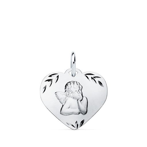 [P9K16724] 9K COLGANTE ORO BLANCO CORAZON CON ANGELITO TALLADO 16X14 MM