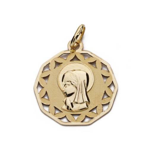 [P9K16727] 9K MEDALLA ORO AMARILLO VIRGEN NIÑA CALADA MATE Y BRILLO 17X17 MM