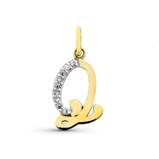 [P9K16740-Q] 9K COLGANTE LETRA Q CON CIRCONITAS ORO AMARILLO 15X12 MM
