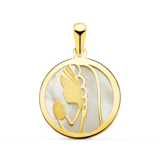 [P9K16845] 9K MEDALLA ORO AMARILLO VIRGEN NIÑA NACAR REDONDA 17 MM