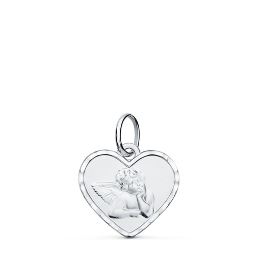 [P9K16890] 9K MEDALLA ORO BLANCO ANGELITO BURLON CORAZON BORDE TALLADO 14X12 MM