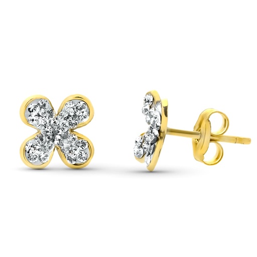 [P9K18152] 9K PENDIENTES ORO AMARILLO FLOR PIEDRAS 9X9 MM PRESION