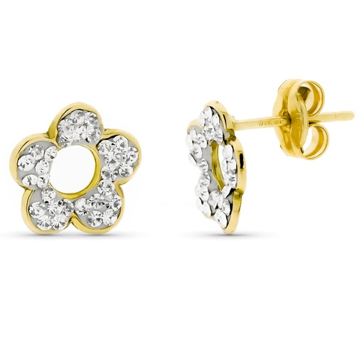 [P9K18153] 9K PENDIENTES ORO AMARILLO FLOR PIEDRAS 9X9MM CIERRE PRESION