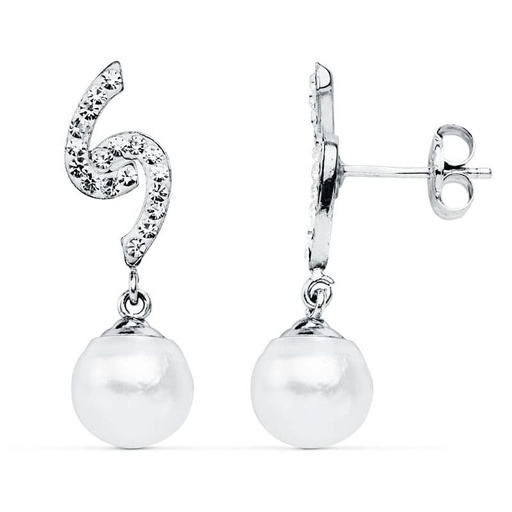 [P9K18225] 9K PENDIENTES ORO BLANCO PERLA 8 MM 24X6 MM