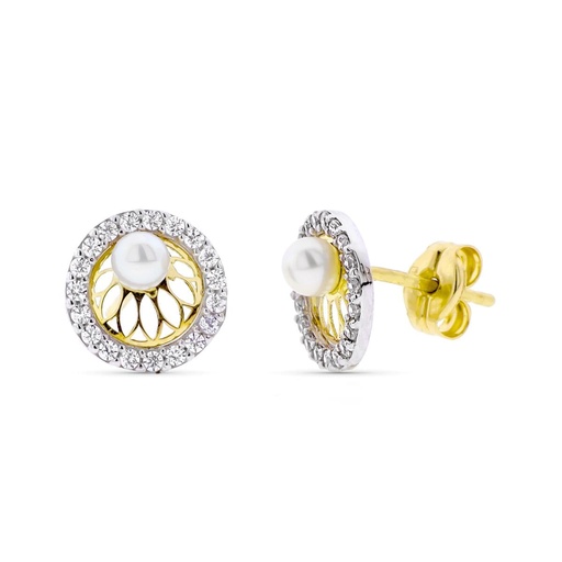 [P9K18227] 9K PENDIENTES ORO BICOLOR REDONDOS CON PERLA 3MM Y CIRCONITAS 8 MM PRESION