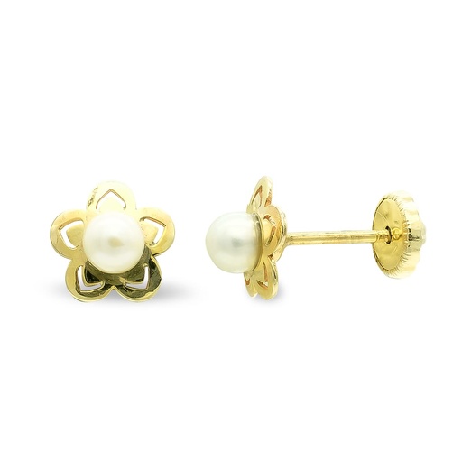 [P9K18234] 9K PENDIENTES ROSCA FLOR 7 MM Y PERLA 3.5MM