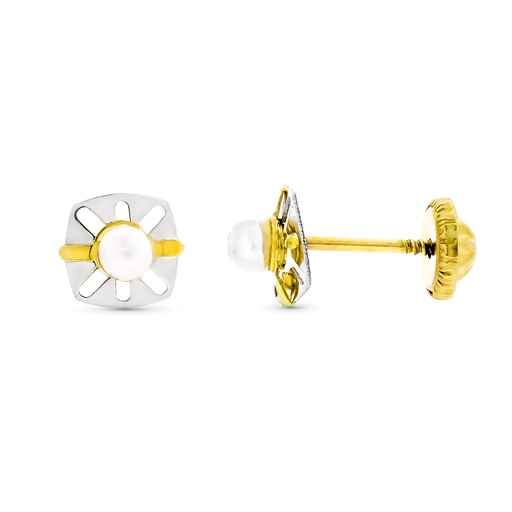 [P9K18235] 9K PENDIENTES ORO BICOLOR CALADOS CON PERLA 6X5 MM