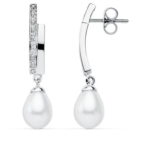 [P9K18244] 9K PENDIENTES ORO BLANCO PERLA 32X8 MM