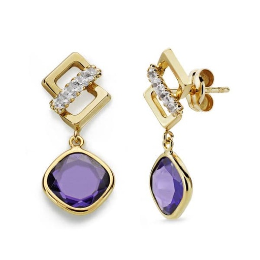 [P9K18554-AT] 9K PENDIENTES PIEDRA AMATISTA Y CIRCONITAS 23X10 MM
