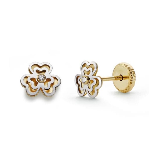 [P9K18558] 9K PENDIENTES ORO BICOLOR TREBOL CIRCONITAS 6X6 MM