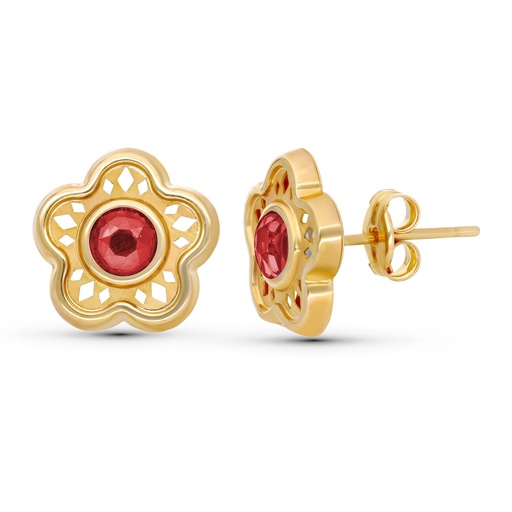 [P9K18570-RO] 9K PENDIENTES ORO AMARIILLO FLOR 11MM PIEDRA ROJA