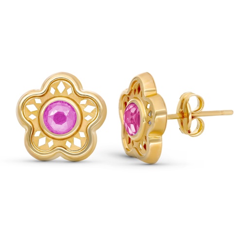 [P9K18570-RS] 9K PENDIENTES ORO AMARILLO FLOR 11MM PIEDRA ROSA