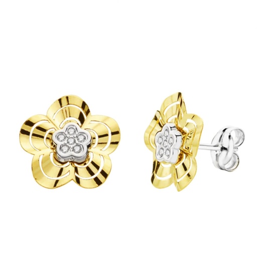 [P9K18710] 9K PENDIENTES ORO BICOLOR FLOR CIRCONITAS 10X10 MM CIERRE PRESION