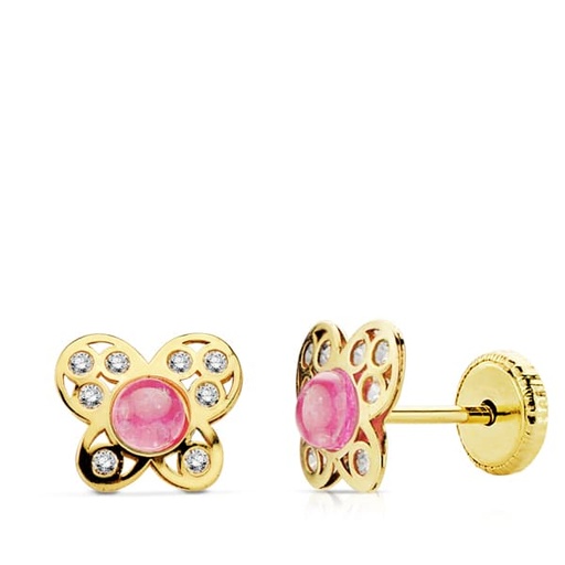 [P9K18757-RO] 9K PENDIENTES MARIPOSA PIEDRA ROSA ROSCA