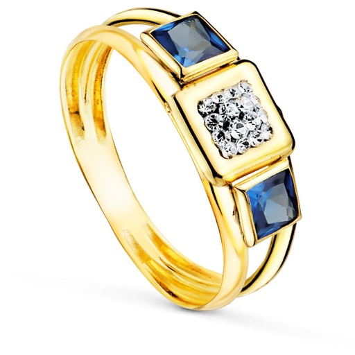 [P9K19089] 9K SORTIJA ORO BICOLOR CUADRADO CON CIRCONTIAS Y PIEDRAS AZULES CUADRADAS.