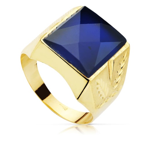 [P9K19173-AZ] 9K SELLO ORO AMARILLO CABALLERO PIEDRA AZUL