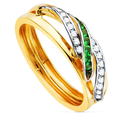 [P9K19344-VE] 9K SORTIJA ORO BICOLOR BANDAS Y CIRCONITAS BLANCAS Y VERDES. ANCHO CUERPO 6 MM