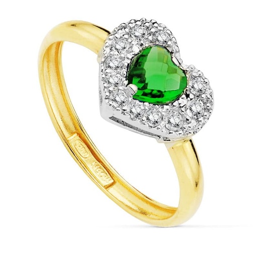 [P9K19458-VE] 9K SORTIJA PIEDRA VERDE CORAZON 5 MM CIRCONITAS
