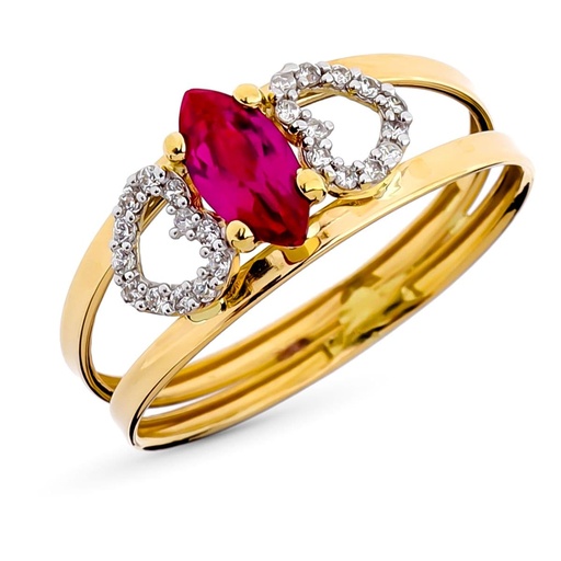 [P9K19606-RO] 9K SORTIJA ORO AMARILLO PIEDRA ROJA MARQUIS Y CIRCONITAS ANCHO TOTAL 8 MM