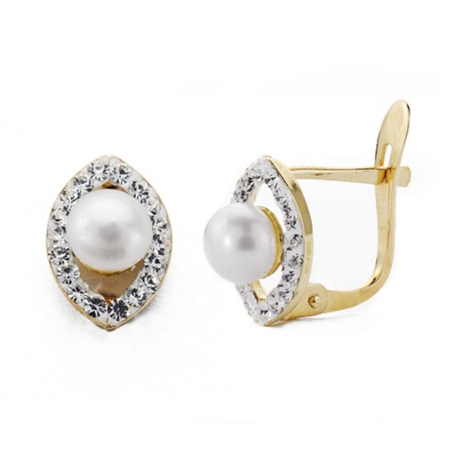 [P9K20606-1] 9K PENDIENTES ORO AMARILLO OVAL CON CIRCONITAS 10X7 MM PERLAS 4 MM