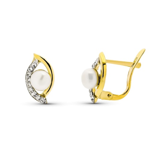 [P9K20608-1] 9K PENDIENTES ORO AMARILLO PERLA Y CIRCONITAS 12X6 MM CATALAN