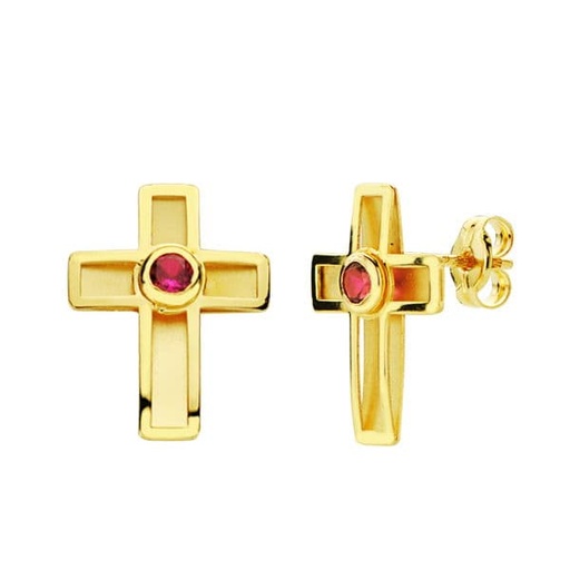 [P9K20699-1] 9K PENDIENTES ORO AMARILLO CRUZ CON PIEDRA ROJA 10X7 MM CIERRE PRESION