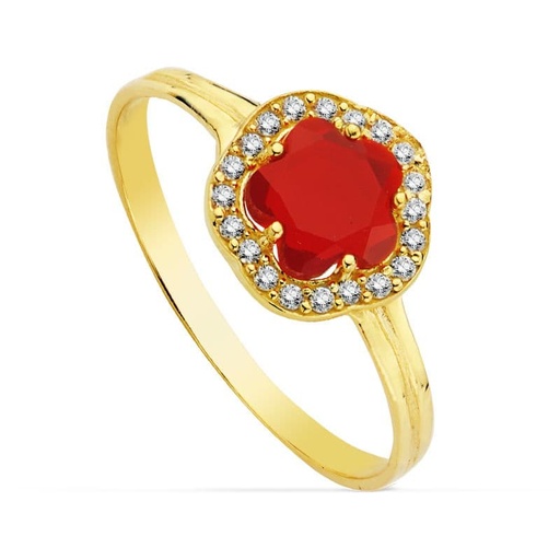[P9K20723-2RO] 9K SORTIJA FLOR PIEDRA ROJA 6MM CIRCONITAS